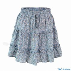 Orcajump - Floral Print High-Waisted Skirt with Ruffle Hem - Beach Mini Skirt Skirt With Ruffle Hem, Flared Skater Skirt, Terry Cloth Dress, Tiered Mini Skirt, Printed Short Dresses, Flounce Skirt, Flower Skirt, Beach Skirt, Blue Daisy