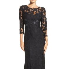 Brand New, With Tags, Never Been Worn! Size 4 And 8 Color: Black. Retail Price: $349. This Illusion-Yoke Lace Gown Gets Its Incredibly Flattering Shape From A Scalloped Bateau Neckline, Crisscrossed Empire Waist And Slenderizing Princess Seams That Flounce Toward The Flared Hem. 62" Front Length; 69" Back Length. Back Zip Closure. Illusion Yoke With Bateau Neck. Sheer Three-Quarter Sleeves. Lined. Black 3/4 Sleeve Dress For Wedding, Black 3/4 Sleeve Wedding Dress, Formal Lace Dress With 3/4 Sleeve, Fitted Evening Dress With 3/4 Sleeves For Gala, Elegant Lace Dress With 3/4 Sleeves, Fitted 3/4 Sleeve Dresses For Gala, Elegant Cocktail Evening Dress With 3/4 Sleeves, Elegant 3/4 Sleeve Gala Dress, Elegant 3/4 Length Party Dresses