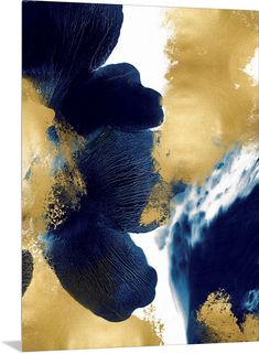 an abstract painting with blue and gold colors