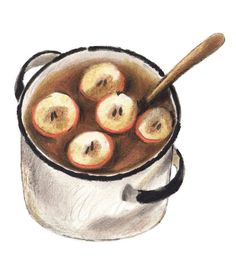 a drawing of apples and cinnamon in a pot with a wooden spoon on the side