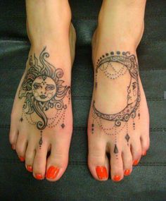 two feet with sun and moon tattoos on their ankles, one has an orange nail polish