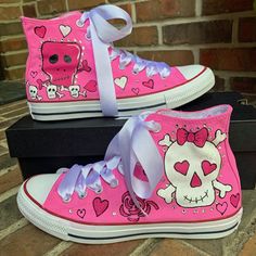 Custom painted Sneakers with Skulls and Bows on bubblegum pink converse shoes. I can do these in a number of color combinations and can tweek the design custom for you! What a FUNKY shoe! Complete with crystal bling! No Two shoes are ever alike. So your shoes will be OOAK to a T. The possibilities are endless! This listing is for children's sizes up to a 10.5-3 youth. I have them in infant and adult sizes as well in the chucks section of my shop. Check out more of my work in my shop: https://www Pink Canvas Shoes For Streetwear With Round Toe, Pink Canvas Shoes With Round Toe For Streetwear, Pink High-top Canvas Shoes For Streetwear, Pink High-top Fun Sneakers, Cute Pink Sneakers For Streetwear, Pink Canvas Shoes For Streetwear, Pink Lace-up Fun Sneakers, Cute High-top Custom Pink Sneakers, Cute Pink High-top Custom Sneakers