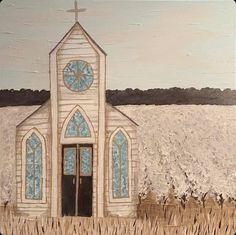 a painting of a church with a cross on the door and grass in front of it