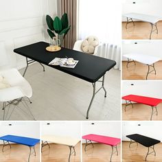 multiple pictures of different tables and chairs in various colors, including black, white, red, blue, green