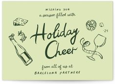 the holiday cheer card is in green and has an image of wine, oranges, cheese