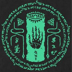 a green and black seal with an eye in it's center, surrounded by other symbols