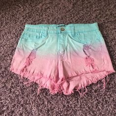 Women's Blue And Pink Jean Shorts. In Great Condition. Never Worn. Pink High-waisted Jean Shorts For Summer, Pink Jean Shorts For Summer Beach, Pink Jean Shorts For Beach In Summer, Trendy Pink Jean Shorts For Beach, Trendy Pink Short Shorts, Trendy Pink Shorts, Multicolor High Rise Summer Bottoms, Pink Jean Shorts, Punk Style Outfits