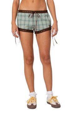 These barely there shorts are cut from lightweight cotton covered in preppy plaid and fashioned with contrasting ribbon and lace trim. Back elastic waist 100% cotton Machine wash, dry flat Imported Cotton Shorts With Lace Trim, Short Cotton Bottoms With Lace Trim, Cotton Lace Trim Short Bottoms, Cotton Lace Trim Shorts, Cotton Pajama Shorts With Lace Trim, Preppy Plaid Cotton Shorts, Casual Cotton Shorts With Lace Trim, Fitted Plaid Cotton Shorts, Preppy Plaid