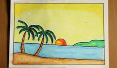 a drawing of two palm trees in front of an ocean with a sunset behind them