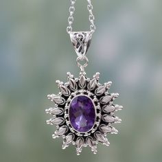 A dazzling sunburst showcases a faceted amethyst that totals 3.5 carats. From Neeru Goel in India this chain and pendant necklace is handcrafted of sterling silver. .925 Sterling silver Pearl Bangle Bracelet, Amethyst Pendant Necklace, Chain And Pendant, Rainbow Moonstone Necklace, Amethyst Necklace Pendant, Lapis Lazuli Pendant, Pearl Bangle, Triangle Earrings, Fancy Jewelry