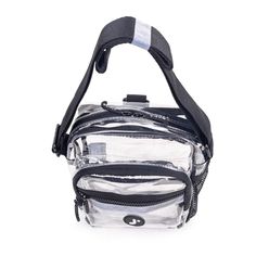 a clear bag with black straps on the front and bottom, sitting against a white background