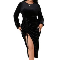 Perl Plus Size Winter Velvet Warm Black Dress for Women Full Sleeve Split Leg Autumn Clothing - Shop & Buy Winter Dinner Midi Dress, Knee-length, Fall Ruched Midi Dress For Dinner, Winter Evening Midi Dress, Knee-length, Knee-length Black Midi Dress For Winter, Winter Knee-length Ruched Dress, Black Winter Midi Dress For Dinner, Winter Date Night Midi Dress With Ruched Detail, Winter Midi Dress For Date Night With Ruched Detail, Winter Ruched Midi Dress For Date Night