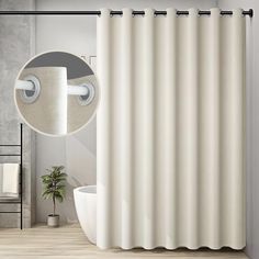 a white shower curtain hanging in front of a mirror