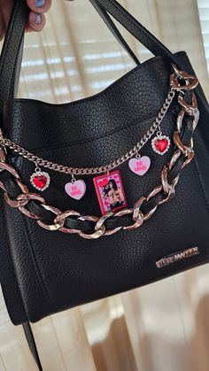 Punk Rock Valentines Themed Purse Charm ♡ Silver Hardware with Charms ♡ Super Cute Addition to any TOP HANDLE or TOTE Purse! Simply just clip the heart clips onto the purse handle and it'll drape across your bag!!  All our Purse Charms are HANDMADE and Unique ♡ Purse Trinkets, Decorated Purse, Rock Valentines, Purse Decor, Goth Purse, Ig Pics, Valentines Day Love, Purse Handles, Bag Charms