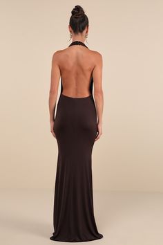 Everyone's attention will be on you and the way you move in the Lulus Eye-Catching Silhouette Dark Brown Cowl Neck Halter Maxi Dress! Slinky, stretchy jersey knit shapes this jaw-dropping dress with a halter neckline and a plunging cowl bodice. The figure-flattering silhouette falls to a mermaid skirt with an elegant maxi hem. Dual, covered top button closures secure atop the sexy open back design. Elastic at back for fit. Fit: This garment fits true to size. Length: Floor length. Size medium me Dropping Dress, Brown Prom Dress, Dark Brown Dress, Maxi Dress Wedding Guest, Dress Wedding Guest, Halter Maxi Dress, Evening Dresses Cocktail, Maxi Dress Wedding, Backless Mini Dress