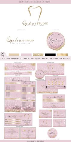 a pink and gold wedding suite is shown in the middle of this image, it's all set up on top of each other