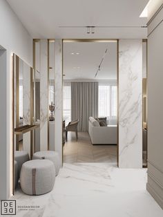 an elegant living room with marble walls and flooring is shown in this rendering image