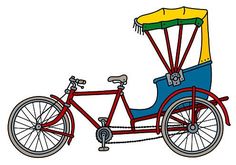 a red bicycle with a yellow top and blue seat is shown in this cartoon style