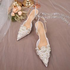 Pearl Heels, Pearl Wedding Shoes, White Bridal Shoes, Ivory Bridal Shoes, Summer High Heels, Beaded Shoes, Crystal Lace, Wedding Pumps, Lace Pumps