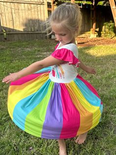 Back to School Flutter dress. Moderate twirl. Rainbow colors on the bottom for a beautiful twirl. School supplies in the rainbow on bodice Flutter Dress, Twirl Dress, Back To, The Rainbow, Rainbow Colors, School Supplies, Swirl, Bodice, Back To School