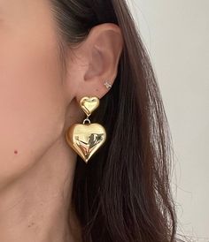 Gold filled bold heart earrings, long 2 inch Double Heart Earrings For Valentine's Day, Valentine's Day Double Heart Earrings, Double Heart Earrings With Heart Print, Heart-shaped 14k Gold Filled Earrings, Luxury Gold Statement Heart Earrings, Gold 14k Gold-filled Dangle Heart Earrings, Heart-shaped Yellow Gold Hoop Earrings For Valentine's Day, Retro Gold Heart-shaped Earrings, Earrings Long