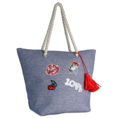 WOMEN'S COTTON BEACH TOTE BAG WITH SEQUIN PATCHES Size: one size. Color: Denim + Love. Gender: female. Age Group: adult. Blue Canvas Beach Bag For Shopping, Summer Blue Canvas Bag For Shopping, Blue Canvas Shopping Bag For Summer, Blue Cotton Vacation Bag, Blue Canvas Bag For Summer, Summer Blue Canvas Bag, Casual Blue Canvas Bag For Vacation, Casual Blue Beach Bag For Shopping, Casual Blue Cotton Beach Bag