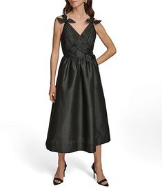 Donna Karan Sleeveless V-Neck Bow Detail Dress | Dillard's A-line Sleeveless Dress With Fitted Bodice For Gala, Spring Evening V-neck A-line Dress, Chic V-neck Dress With Ruched Bodice, Sleeveless Spring Evening Dress With Pleated Bodice, Evening Sleeveless A-line Dress With Fitted Bodice, Evening Sleeveless Dress With Fitted Bodice And A-line Silhouette, Evening A-line Sleeveless Dress With Fitted Bodice, Sleeveless Fit And Flare Evening Dress, Sleeveless Fit And Flare Evening Dress For Gala