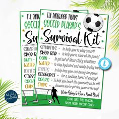 "EDITABLE Soccer Player Survival Kit! ** All Text is editable so you can make it read what you wish! You can also change text colors to reflect those of your team as well as upload your own team mascot/logo! You can personalize as many soccer player survival kit printable cards as you need! These printable survival kit cards/tags are great for team gifts! TEMPLATE FORMATTED SIZES: size of individual card is 3.25\" x 4.5\" - 4 print per sheet Full Editing Options With Templett.com TRY BEFORE YOU Soccer Crafts For Team, Soccer Survival Kit, Coach Survival Kit, Soccer Treats, Soccer Snacks, Coaching Soccer, Idea Template, Soccer Team Gifts, Soccer Coach Gifts