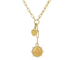 Solid and substantial, this Foundrae necklace will become your everyday talisman. Hanging from the 18K yellow gold refined clip extension at the base of the 18K yellow gold classic fob clip chain is a round, 18K yellow gold and diamond medallion. A petite puffy heart ingot connects to the belcher chain with a removable 18K yellow gold push gate annex link. With its bold, emblematic presence, it's a perfect necklace to wear every single day. The spark is used as a reminder that it takes just a sp Elegant Charm Necklace With Lobster Clasp And Medallion, Elegant Medallion Charm Necklace With Lobster Clasp, Yellow Gold Locket Chain Necklace, Yellow Gold Locket Chain Necklace With Round Pendant, Gold Medallion Charm Necklace With Detachable Pendant, Luxury Yellow Gold Charm Necklaces With Detachable Pendant, Yellow Gold Medallion Necklace With Detachable Pendant, Yellow Gold Necklace With Detachable Heart Pendant, Yellow Gold Medallion Locket Necklace With Detachable Pendant