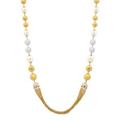 Show off your glamorous side with this dazzling 22K gold necklace set from Virani Jewelers! Made with 22K white and yellow gold Features pearl and CZ stone details Designed with a hook-in-eye clasp Set includes necklace and earrings There’s a time and a place for simple jewelry, but if you’re looking to make a statement and turn heads, Virani Jewelers has just the necklace for you! This exquisite 22K gold necklace set features white and yellow gold, pearls, and CZ stone details, making it truly Formal Festive Yellow Gold Pearl Necklace, Gold-plated Yellow Gold Pearl Necklace For Celebration, Gold Plated Yellow Gold Pearl Necklace For Celebration, Gold Plated Yellow Gold Pearl Necklace For Celebratory Occasions, Gold Pearl Necklace For Formal Festive Occasions, Celebration Yellow Gold-plated Pearl Necklace, Elegant 22k Gold Bridal Necklace, Elegant 22k Gold White Bridal Necklace, Elegant White 22k Gold Bridal Necklace