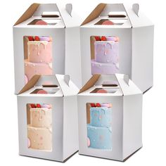 four boxes with different colored cakes in them on a white background, one is open and the other is closed