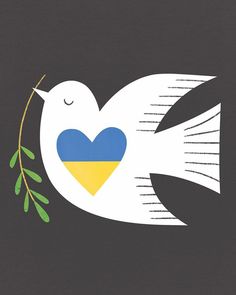 a white bird with a blue heart on it's chest and an olive branch in its beak