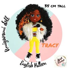 an image of a doll with curly hair and yellow pants, holding a microphone in her hand