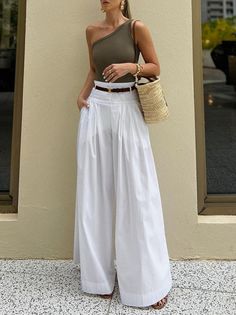 Loose Wide Leg Belted Solid Color Casual Pants Bottoms Trousers - rrdeye White Non-stretch Pants, Elegant Vacation Bottoms Solid Color, Elegant Solid Color Vacation Bottoms, White Solid Color Bottoms For Beach, White Solid Color Pants For Spring, White Cotton Wide Leg Pants For Day Out, White Non-stretch Wide Leg Pants, White Non-stretch Wide-leg Pants, White Full Length Wide Leg Pants For Beach