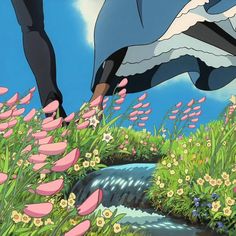 an animated image of a person reaching for something in the air over flowers and grass