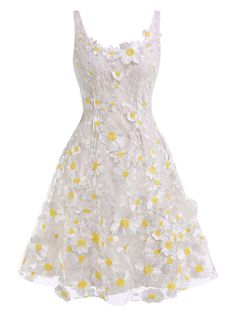 White 1950s Daisy Dreamer Vintage Dress – Retro Stage - Chic Vintage Dresses and Accessories White Dress Disney, White Floral Prom Dress Short, Flower Knee Length Dress, Vintage Cottagecore Dress Summer, Cheap Flowy White Floral Dress, Cheap Sundress With Sweetheart Neckline, Daisy Dress Formal, Retro Chiffon Dress, Vestidos Daisy Dress