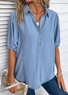 Shirt Collar Blouse, Light Blue Shirt, Womens Trendy Tops, Trendy Tops For Women, Half Sleeve Shirts, Half Sleeve Blouse, Light Blue Shirts, Basic Shirts, Chambray Shirt