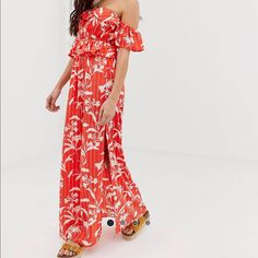 Brand New! Never Worn. A Little Long. I’m 5’4. Perfect For The Beach Spring Holiday Printed Maxi Dress, Printed Maxi Dress For Spring Holiday, Red Floral Print Off-shoulder Maxi Dress, Red Off-shoulder Maxi Dress With Floral Print, Printed Summer Maxi Dress For Holiday, Spring Holiday Maxi Dress, Spring Holiday Orange Maxi Dress, Red Floral Print Maxi Dress For Beach Season, Tropical Red Maxi Dress With Floral Print