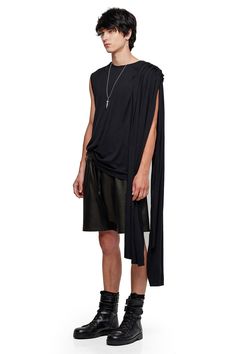 JONNY COTA T-SHIRT WITH SCARF IN BLACK Chic Summer Cape Tops, Draped Menswear, Mens Cape, One Shoulder Shirt, Wrap Shirt, Supima Cotton, Classic Silhouette, Sleeveless Shirt, Body Fit