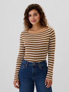 Favorite Stripe Boatneck T-Shirt Casual Striped Sleeve Tops For Fall, Casual Striped Ribbed Tops, Casual Striped Tops For Fall, Relaxed Fit Tops With Striped Sleeves For Fall, Fall Relaxed Fit Top With Striped Sleeves, Striped Cotton Knit Top With Crew Neck, Striped Cotton Crew Neck Knit Top, Trendy Striped Crew Neck Top, Trendy Vertical Stripes Tops For Fall