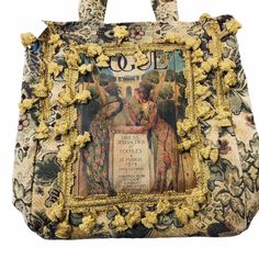 a handbag with an image of a woman holding a sign