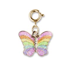 a key chain with a colorful butterfly charm on the front and back of it's wings