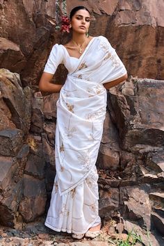 White saree with gold sequin, cutdana, zari thread embroidery in butterfly pattern. Paired with puffed sleeve blouse. - Aza Fashions Puffed Blouse Saree, Butterfly Saree, Puff Blouse, White Saree, Blouse For Women, Thread Embroidery, Puff Sleeve Blouse, Silk Embroidery, Saree With Blouse