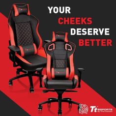 two black and red gaming chairs with the words your check's deserves better