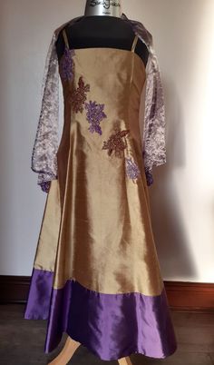 "Silk Dupion dress with Guipure Lace motifs, original price £240! Covered button fastening at the back Removable Sash, 42\" long by 7\" at widest part, of a Silk/metallic mix Silk Habotai full lining DRY CLEAN ONLY  Approx. age 7 child Please measure carefully as strictly no returns: MEASUREMENTS to fit                                 Inches         cm Bust                        24\"             61 Waist                      24\"             61 Shoulders              12\"             30.5 Neck Gold Sequin Bridesmaid Dress, Party Dresses Uk, Lace Motifs, Knee Length Bridesmaid Dresses, Sequin Bridesmaid, Gold Bridesmaid Dresses, Sequin Bridesmaid Dresses, Maid Of Honour Dresses, Sequin Wedding