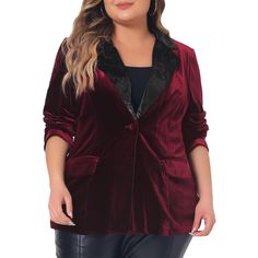 Elegant Design: This velvet blazer exudes sophistication and style with its vintage-inspired look, sparkling contrast notched lapel, and button details. Pair it with jeans and a simple t-shirt for a fashionable outfit that can be worn to work, lunch dates, or casual outings. Perfect for wearing to formal events, parties, or date nights, this blazer is sure to turn heads and make you feel confident and stylish. Plus-Size Fit: Designed with a comfortable and flattering plus-size fit, this blazer i Notch Lapel Blazer For Fall Parties, Party Blazer With Suit Collar, Fall Party Outerwear With Suit Collar, Glamorous Notch Lapel Blazer For Workwear, Glamorous Long Sleeve Blazer For Date Night, Tailored Party Blazer With Lapel Collar, Chic Single Button Blazer For Night Out, Tailored Blazer With Lapel Collar For Parties, Chic Holiday Blazer For Formal Occasions