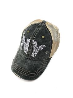 Pattern: NY Trendy Distressed Visor Baseball Cap, Distressed Trucker Hat For Streetwear, Distressed Adjustable Trucker Hat For Streetwear, Adjustable Distressed Trucker Hat For Streetwear, Spring Distressed Snapback Baseball Cap, Gray Distressed Baseball Cap, Distressed Snapback Baseball Cap For Spring, Trendy Distressed Visor Hat, Distressed Gray Cap