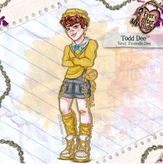 a drawing of a boy in yellow shirt and shorts with chains around his ankles, wearing boots