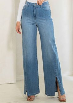 Allison Wide Led Slit Front Jeans: Elevate your denim game with Allison Wide Leg Slit Front Jeans. Made of soft and stretchy fabric, these chic jeans offer both comfort and style. With a flattering wide-leg fit and a trendy slit front, they are perfect for making a statement and adding a touch of sophistication to any outfit. -front bottom slits, soft stretchy fabric -classic 5-pocket construction -zip-fly closure. (3) Rise:11.75", Inseam: 33" Model is 5'8" and wearing a size 5-Small Color: Medi Chic Jeans, Wide Jeans, Front Bottoms, Stretchy Fabric, Favorite Jeans, Women Collection, Dress Collection, Wide Leg, Plus Size