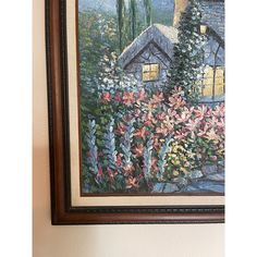 French Impressionist style oil painting. Authenticated from Art Finds International as pictured.  28 1/4” x 24 1/4”. Very pretty Cottage scene in a garden.  Colorful painting with predominantly blue hues.  Mahogany wood frame with ivory linen inset. Pretty Cottage, Garden Frame, Mahogany Wood, Colorful Paintings, Blue Hues, In The Garden, The Garden, Blue Sky, Wood Frame